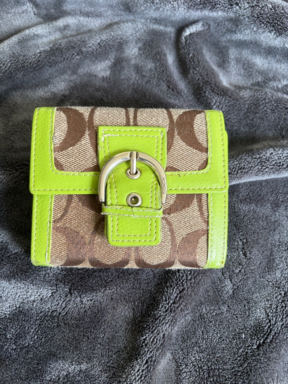 Y2K Coach Brown Signature Canvas Wallet with Lime Green Trim